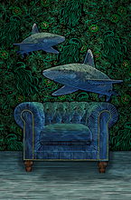 Load image into Gallery viewer, Two sharks swimming above a vintage armchair with a dark, underwater-themed background hand drawn, limited edition print y Angela Croft