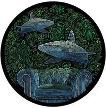 Load image into Gallery viewer, Two sharks swimming above a vintage armchair with a dark, underwater-themed background hand drawn, limited edition print y Angela Croft