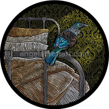 Load image into Gallery viewer, Tui perched on a bed with flax wallpaper in the background. Hand drawn, limited edition print by Angela Croft