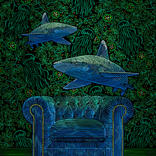 Load image into Gallery viewer, Two sharks swimming above a vintage armchair with a dark, underwater-themed background hand drawn, limited edition print y Angela Croft

