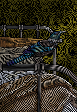 Load image into Gallery viewer, Tui perched on a bed with flax wallpaper in the background. Hand drawn, limited edition print by Angela Croft
