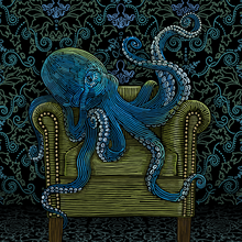 Load image into Gallery viewer, Temporarily Blue- hand drawn, limited edition print of an  octopus on a chair with octopus wallpaper in the background
