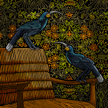 Load image into Gallery viewer, Two female Huia, sitting on a mid century chair with colourful wallpaper in the background. Hand drawn, limited edition artwork by Angela Croft
