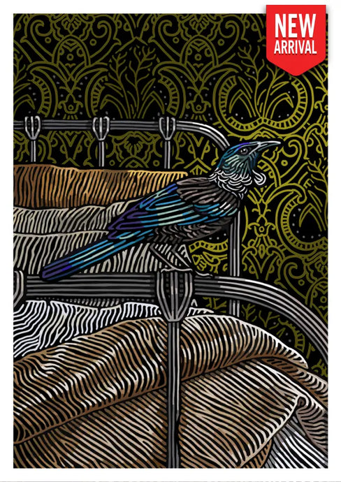 Hand drawn Tui on a bed frame full page A4 by ngela Croft Art