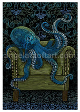 Load image into Gallery viewer, Temporarily Blue- hand drawn, limited edition print of an octopus on a chair with octopus wallpaper in the background
